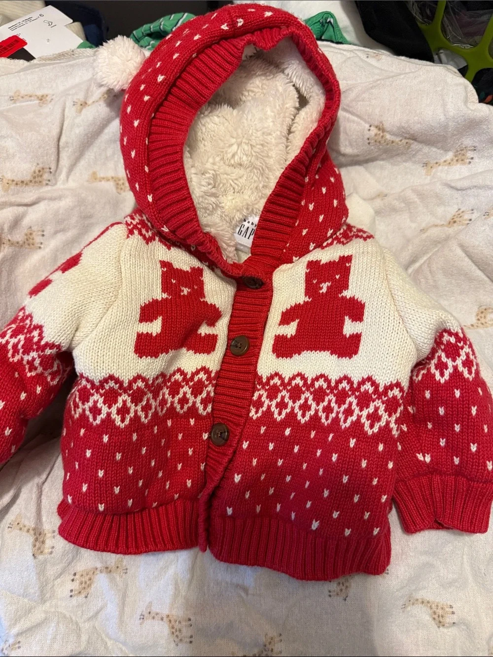 GAP Red and Cream Teddy Hooded Knit Cardigan